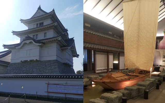 関宿城の外観と展示品の帆船
