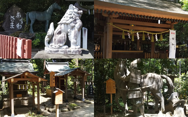 諏訪神社の境内、源義家の像、獅子の像